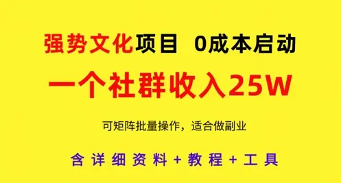 强势文化项目,一个社群收入25个W,0成本启动,可矩阵批量操作,原创详细实操教程