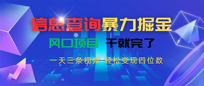 信息查询暴力掘金,一天三条视频 轻松变现四位数,风口项目干就完了