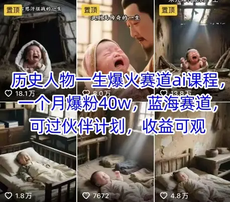 历史人物一生爆火赛道ai课程,一个月爆粉40w,蓝海赛道,可过伙伴计划,收益可观