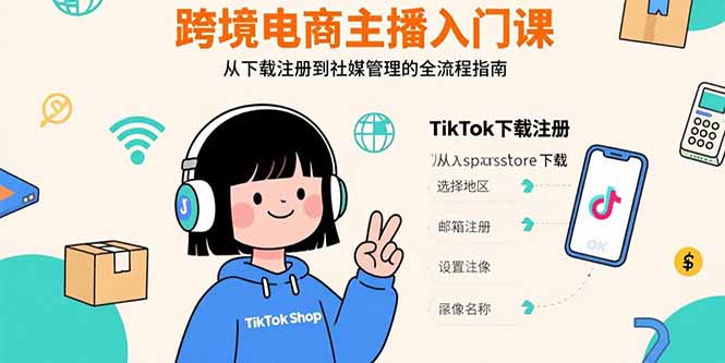 跨境电商主播入门课,TikTok下载注册,支付工具配置,社媒账号管理全流程