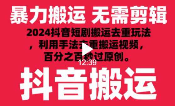2024最新抖音搬运技术，抖音短剧视频去重，手法搬运，利用工具去重，达到秒过原创的效果