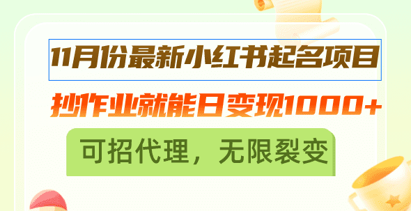 （13256期）11月份最新小红书起名项目，抄作业就能日变现1000+，可招代理，无限裂变