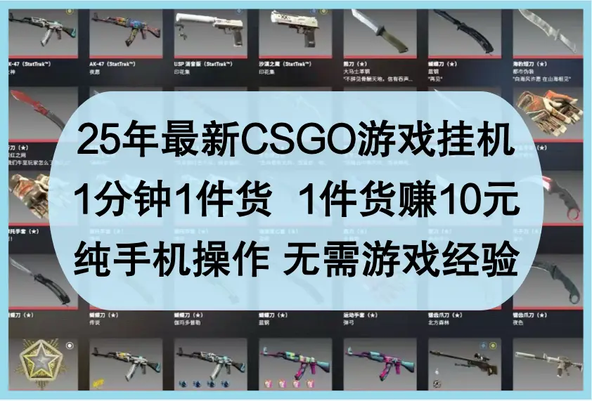 25年最新CSGO游戏挂机，1分钟1件货，1件货赚10元，纯手机操作，无需游戏经验