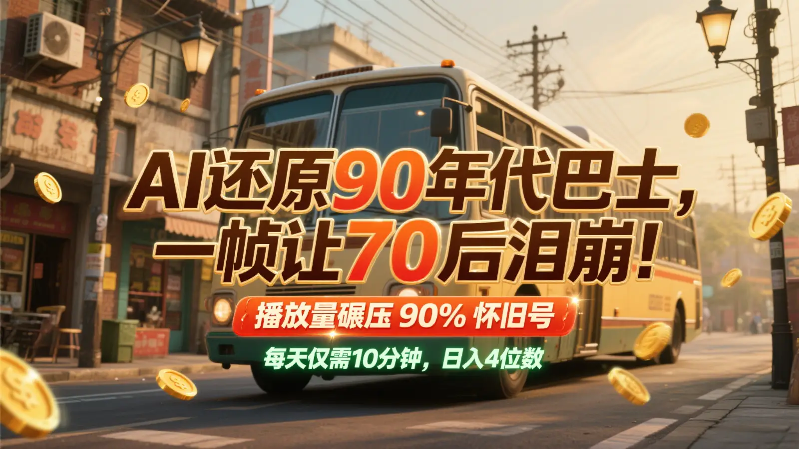 AI还原90年代巴士，一帧让70后泪崩！播放量碾压90%怀旧号，每天10分钟，日入4位数