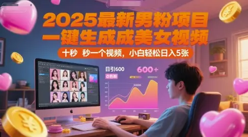 2025最新男粉项目，一键生成美女视频，日引600+色粉 十秒一个视频，小白轻松日入5张【揭秘】