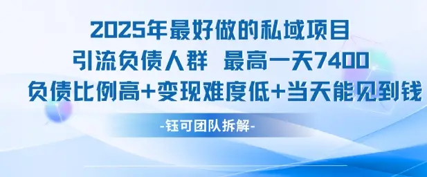 2025年最好做的私域项目，引流负债人群，最高一天变现7.4k，人群占比高，变现难度低，当天就能见到钱