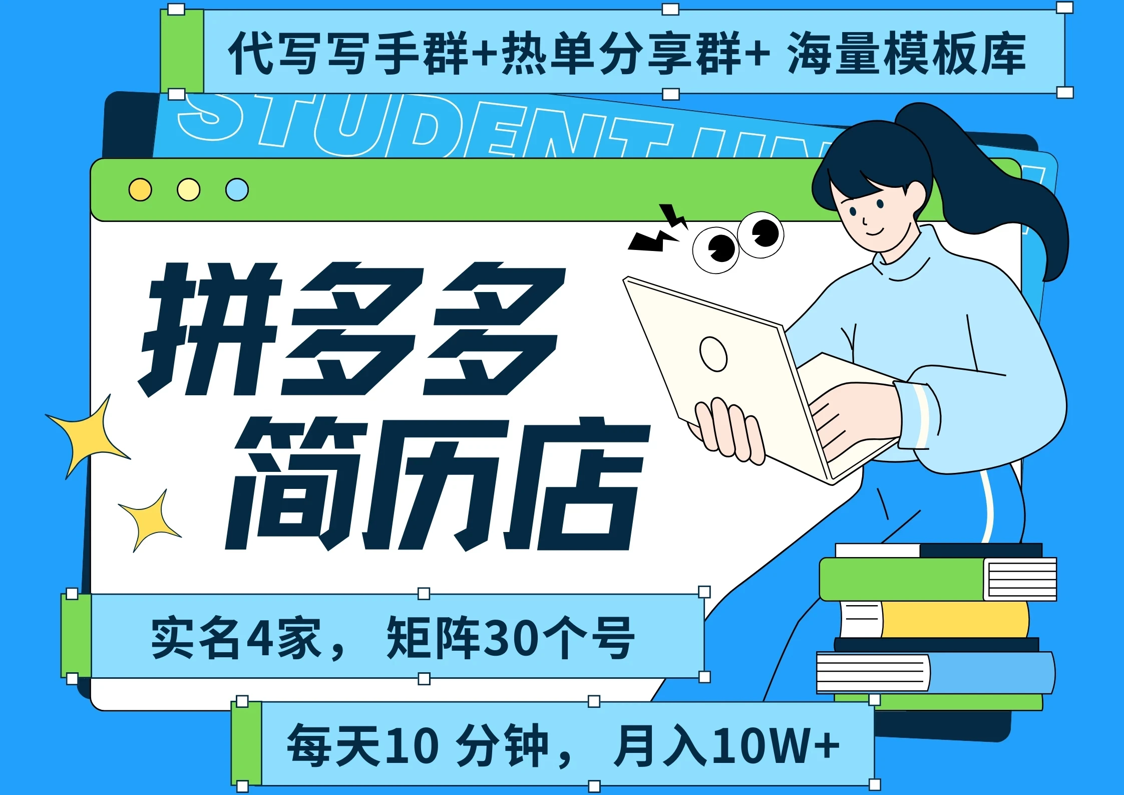 【精】拼多多 虚拟资料 简历 海报代写 全SOP流程 毫无保留分享（含后端资料以及代写渠道）每天十分钟 每人实名四个店  矩阵30个账号  轻轻松松 月入10W
