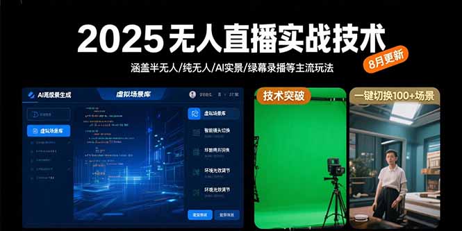 2025无人直播实战技术-8月，涵盖半无人/纯无人/AI实景/绿幕录播等主流玩法
