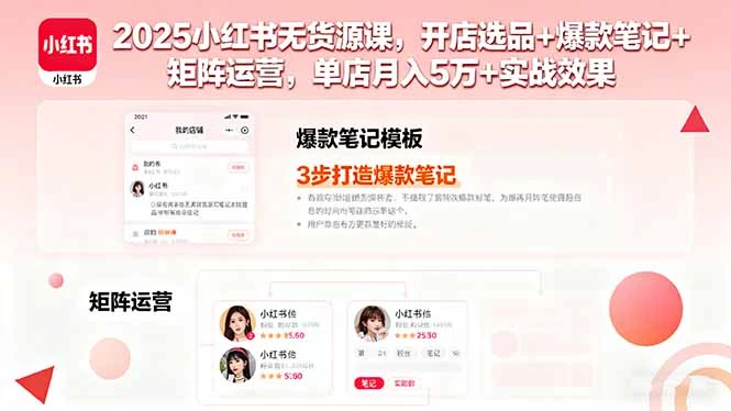 【精】2025小红书无货源课，开店选品+爆款笔记+矩阵运营，单店月入5万+实战效果