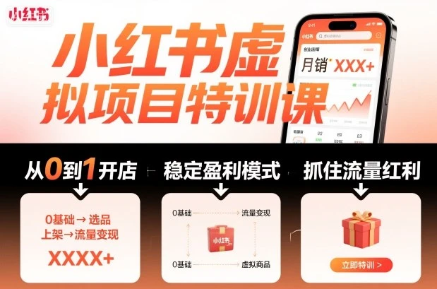 【精】小红书虚拟项目特训课，帮你从0到1打造稳定盈利的店铺，抓住流量红利（更新9月）
