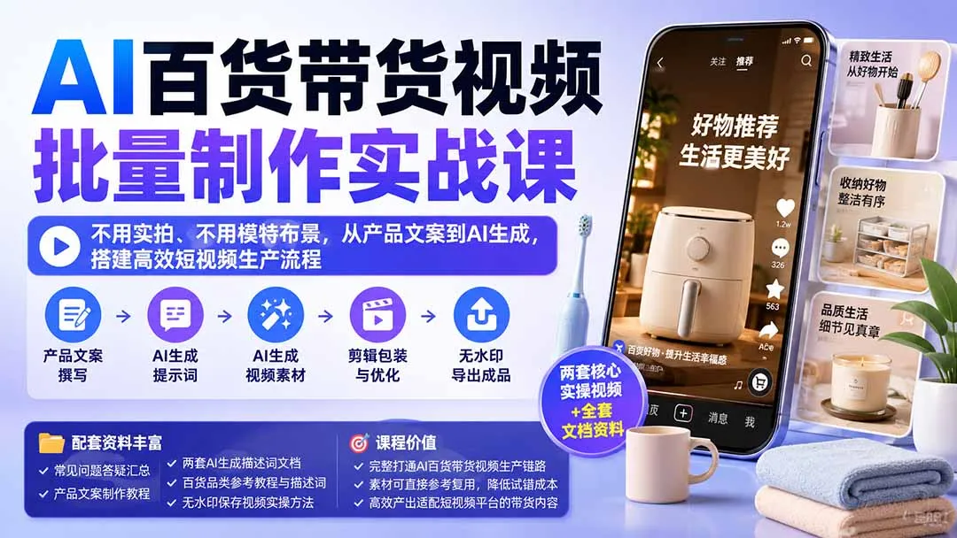 AI百货带货视频批量制作实战课:不用实拍、不用模特布景,从产品文案到AI生成,搭建高效短视频生产流程