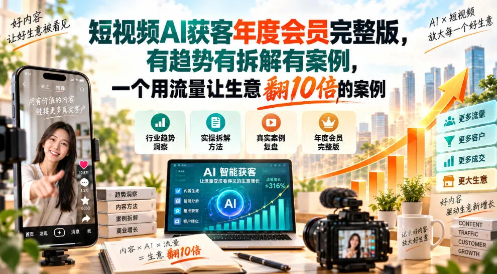 短视频AI获客年度会员完整版，有趋势有拆解有案例，一个用流量让生意翻10倍的案例
