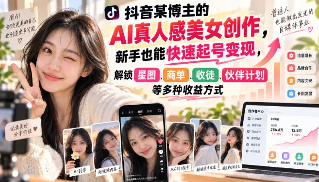 抖音某博主的AI真人感美女创作，新手也能快速起号变现，解锁星图，商单，收徒，伙伴计划等多种收益方式