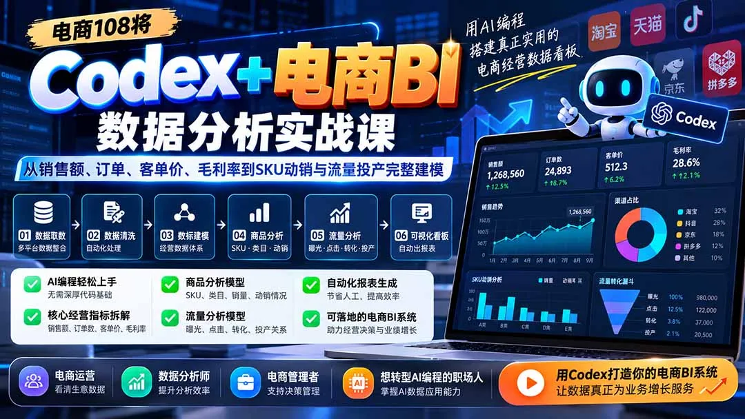Codex+电商BI数据分析实战课-更新1026：从销售额、订单、客单价、毛利率到SKU动销与流量投产完整建模