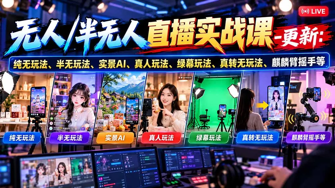 无人/半无人直播实战课-10月20更新:纯无玩法、半无玩法、实景AI、真人玩法、绿幕玩法、真转无玩法、麒麟臂摇手等