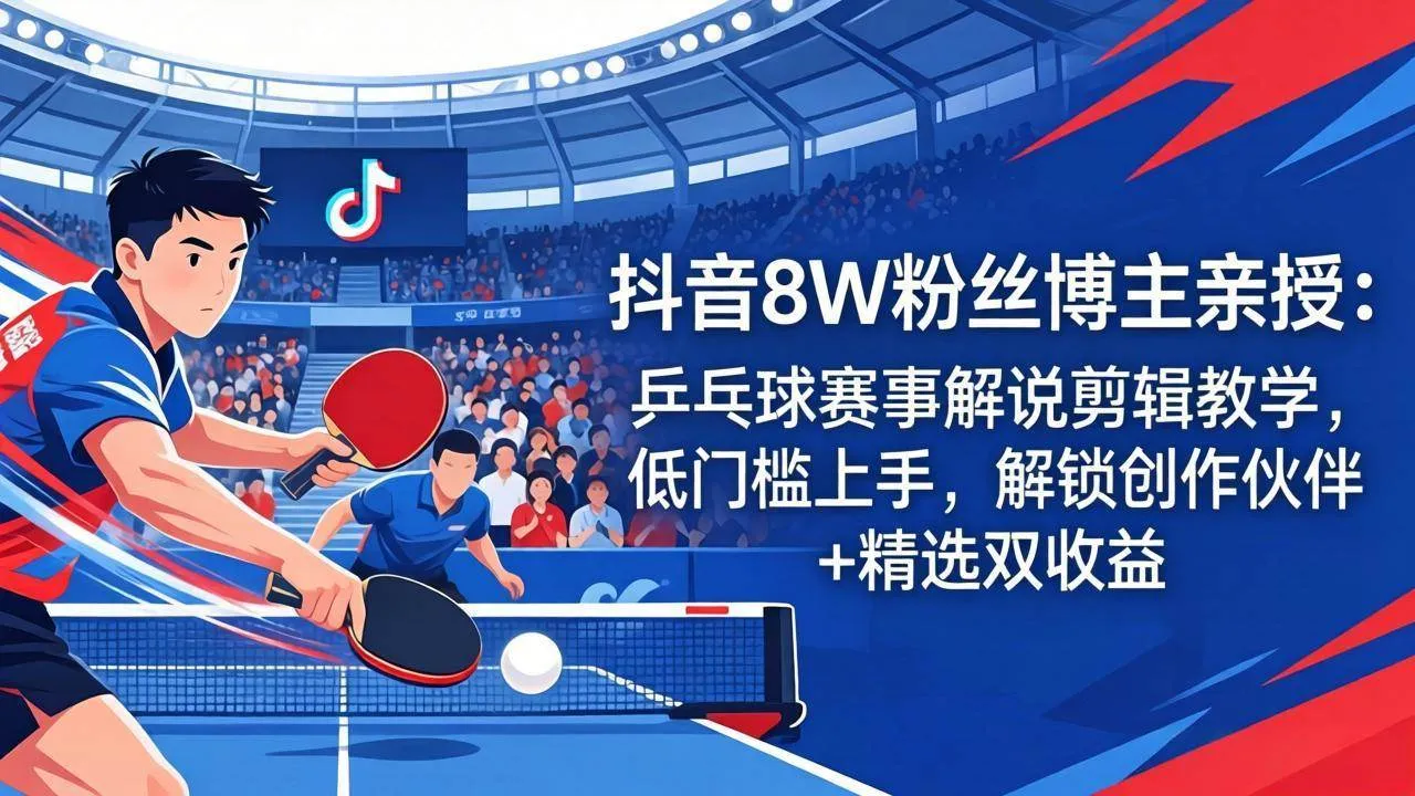 （18069期）抖音8W粉丝博主亲授：乒乓球赛事解说剪辑教学，低门槛上手，解锁创作伙伴+精选双收益