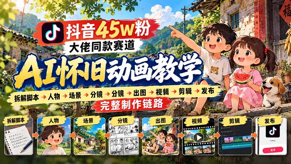抖音45W粉大佬同款赛道AI怀旧动画教学:拆解脚本→人物→场景→分镜→出图→视频→剪辑→发布完整制作链路