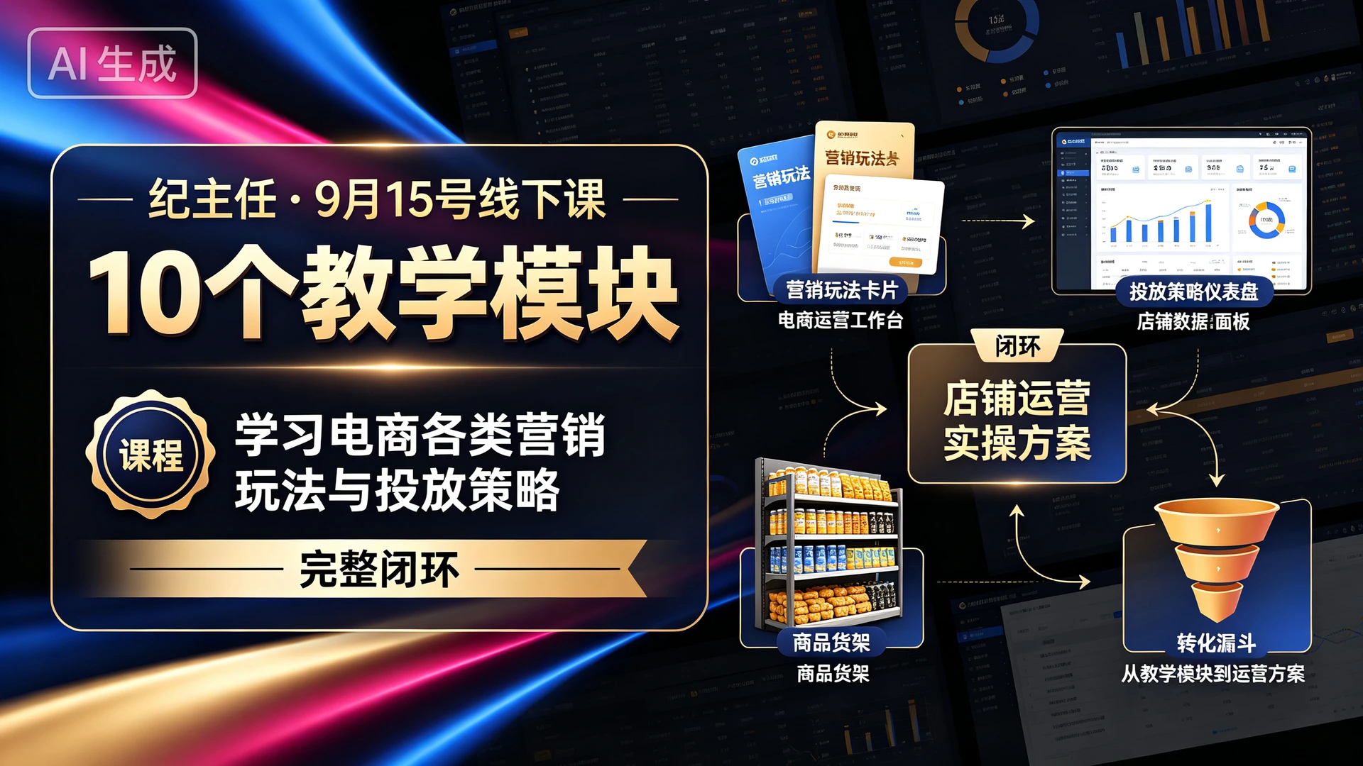 【精】纪主任・9月15号线下课，带你通过10个教学模块学习电商各类营销玩法与投放策略，掌握店铺运营实操方案的完整闭环