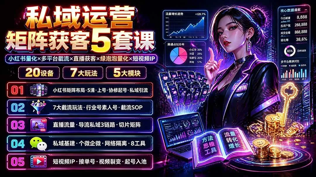 (19617期)私域运营矩阵获客5套课:小红书量化×多平台截流×直播获客×绿泡泡量化×短视频IP×20设备×7大玩法 (19617期)私域运营矩阵获客5套课:小红书量化×多平台截流×直播获客×绿泡泡量化×短视频IP×20设备×7大玩法