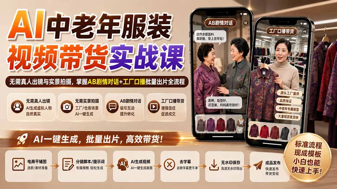 AI中老年服装视频带货实战课:无需真人出镜与实景拍摄,掌握AB剧情对话+工厂口播批量出片全流程