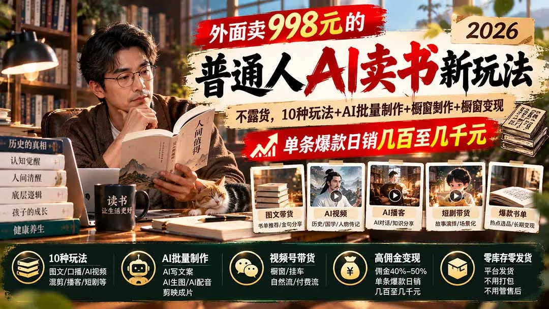外面卖998元的2026普通人AI卖书新玩法:不露脸、不囤货,10种玩法+AI批量制作+橱窗变现,单条爆款日销几百至几千元