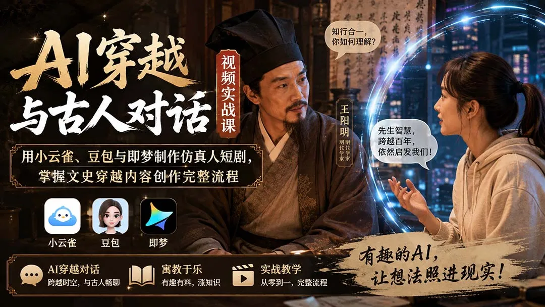 AI穿越与古人对话视频实战课：用小云雀、豆包与即梦制作仿真人短剧，掌握文史穿越内容创作完整流程