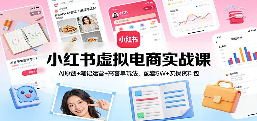 小红书虚拟电商实战课:AI原创+笔记运营+高客单玩法,配套5W+实操资料包