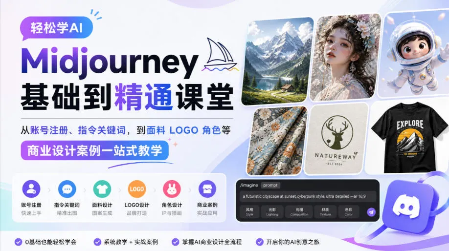 轻松学AI Midjourney基础到精通课堂，从账号注册、指令关键词，到面料LOGO角色等商业设计案例一站式教学