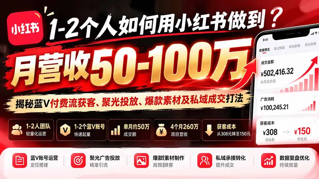 1-2个人如何用小红书做到月营收50-100万?揭秘蓝V付费流获客、聚光投放、爆款素材及私域成交打法
