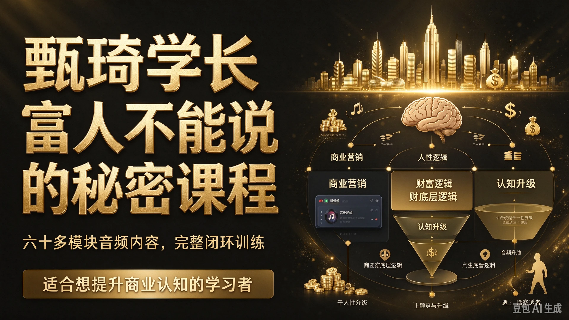 甄琦学长富人不能说的秘密课程，带你研读六十多模块音频内容，了解商业营销、人性与财富底层逻辑，适合想提升商业认知的学习者的完整闭环