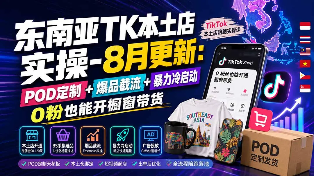 东南亚TK本土店实操-8月更新:POD定制+爆品截流+暴力冷启动,0粉也能开橱窗带货