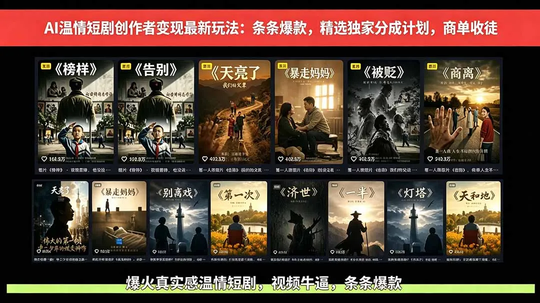 【精】AI温情短剧创作者变现最新玩法:视频牛逼,条条爆款,精选独家分成计划,商单收徒 【精】AI温情短剧创作者变现最新玩法:视频牛逼,条条爆款,精选独家分成计划,商单收徒