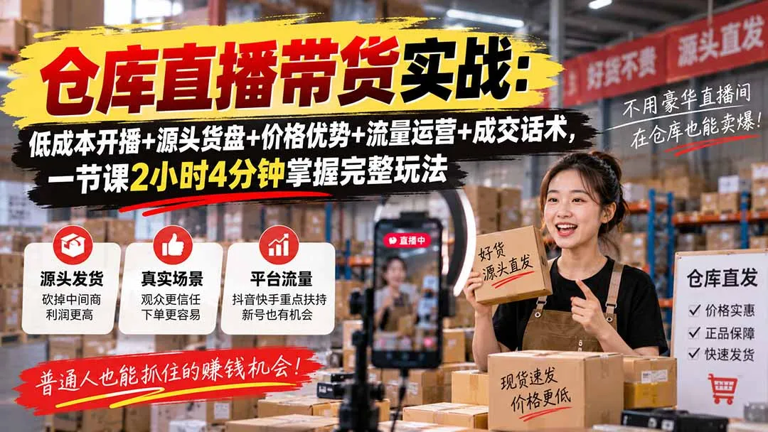 仓库直播带货实战:低成本开播+源头货盘+价格优势+流量运营+成交话术,一节课2小时4分钟掌握完整玩法
