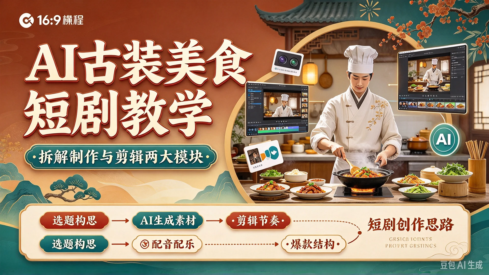 【精】AI古装美食短剧教学,拆解制作与剪辑两大模块,搭配思维导图梳理短剧创作思路