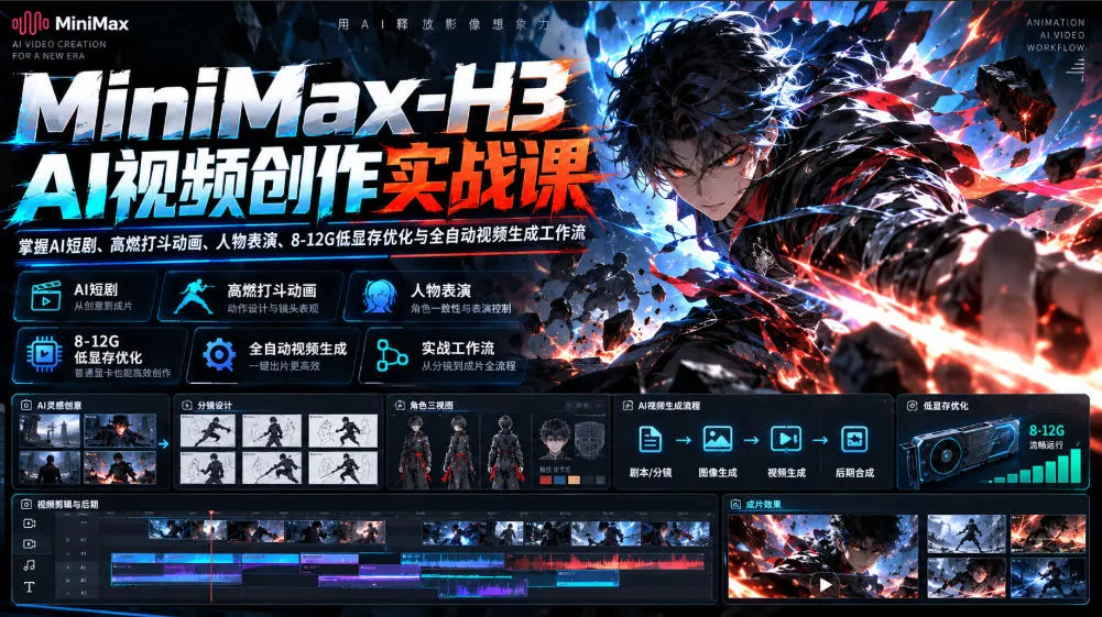 MiniMax-H3 AI视频创作实战课,掌握AI短剧、高燃打斗动画、人物表演、8-12G低显存优化与全自动视频生成工作流
