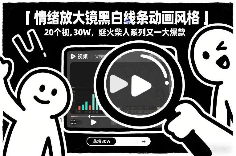 情绪放大镜黑白线条动画风格，20个视频，涨粉30W，继火柴人系列又一大爆款