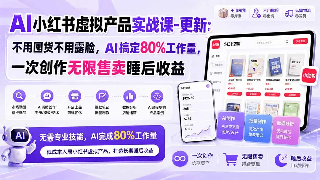 AI小红书虚拟产品实战课-更新1017：不用囤货不用露脸，AI搞定80%工作量，一次创作无限售卖睡后收益