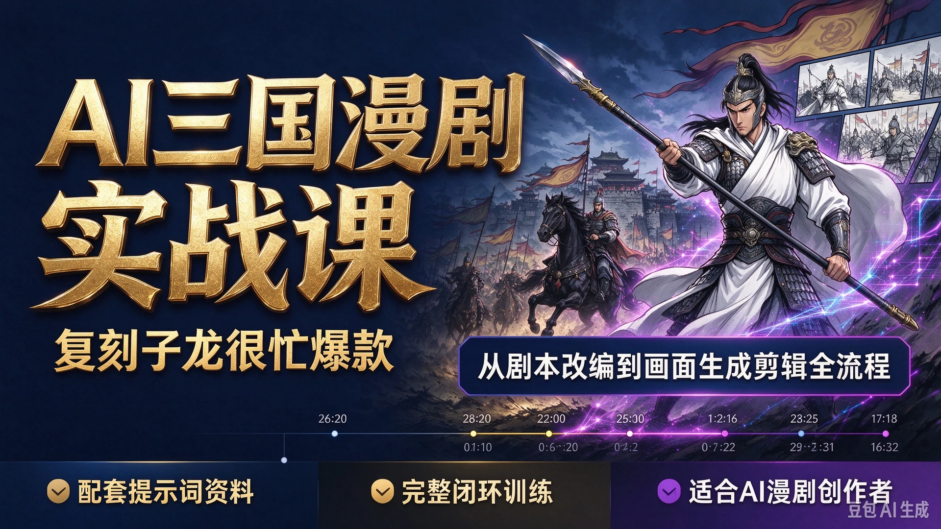 【精】AI三国漫剧实战课复刻子龙很忙爆款，带你掌握漫剧从剧本改编到画面生成剪辑全流程，拿到配套提示词资料，适合想要制作AI漫剧创作者的完整闭环