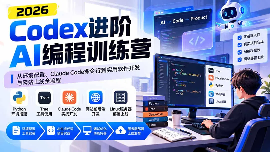 Codex进阶AI编程训练营:从环境配置、Claude Code命令行到实用软件开发与网站上线全流程