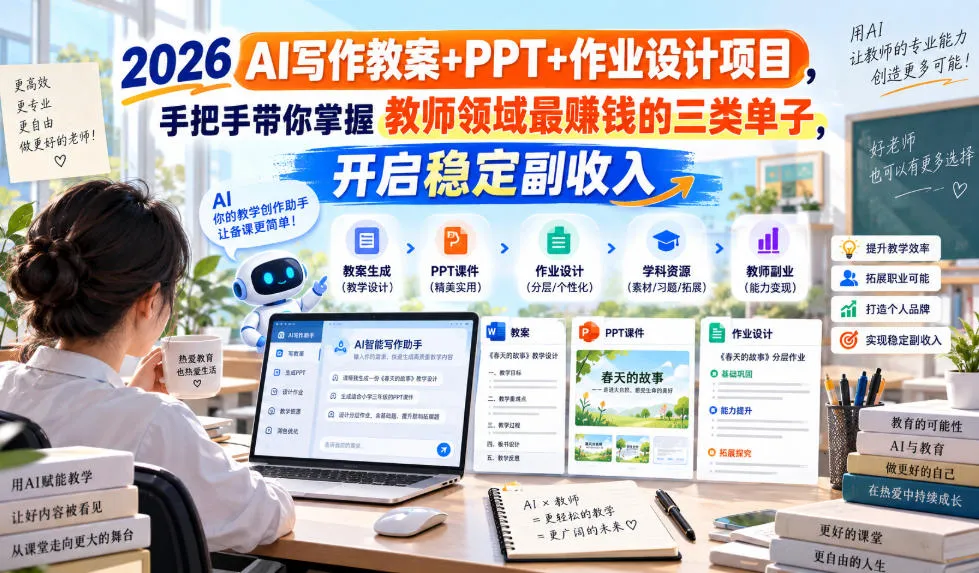 2026 AI写作教案+PPT+作业设计项目,手把手带你掌握教师领域最賺钱的三类单子,开启稳定副收入