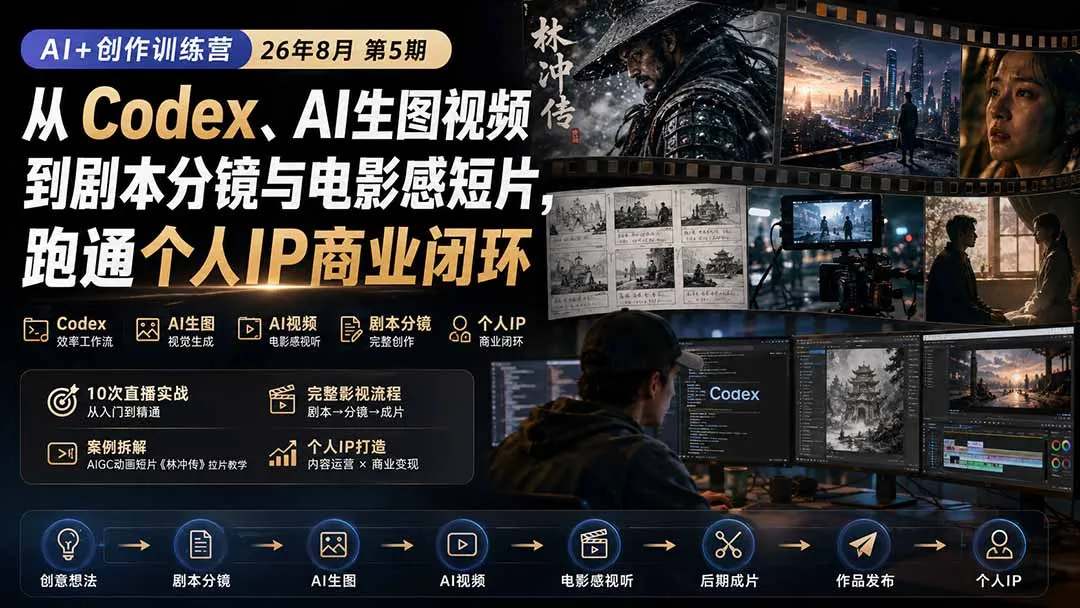 AI+创作训练营26年第5期-更新:从Codex、AI生图视频到剧本分镜与电影感短片,跑通个人IP商业闭环