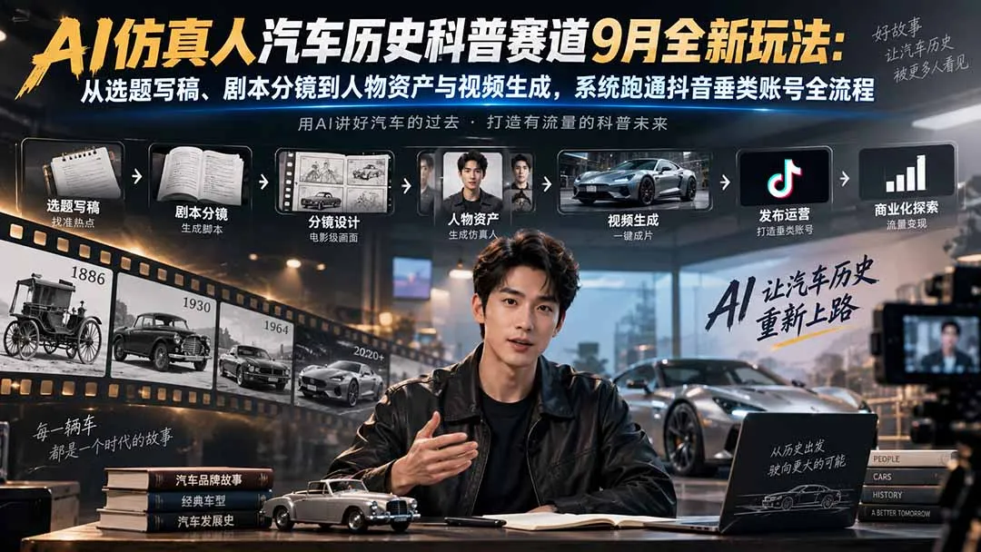 AI仿真人汽车历史科普赛道9月全新玩法:从选题写稿、剧本分镜到人物资产与视频生成,系统跑通抖音垂类账号全流程