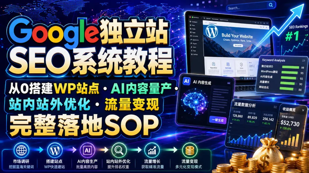 Google独立站SEO系统教程,从0搭建WP站点・AI内容量产・站内站外优化・流量变现完整落地SOP(2026年7月) Google独立站SEO系统教程,从0搭建WP站点・AI内容量产・站内站外优化・流量变现完整落地SOP(2026年7月)