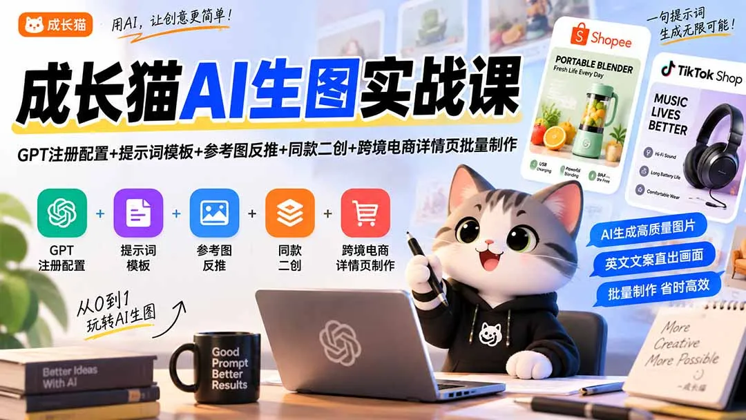 成长猫AI生图实战课｜GPT注册配置+提示词模板+参考图反推+同款二创+跨境电商详情页批量制作