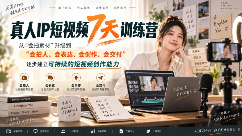 真人IP短视频7天训练营，从“会拍素材”升级到“会拍人、会表达、会创作、会交付”，逐步建立可持续的短视频创作能力