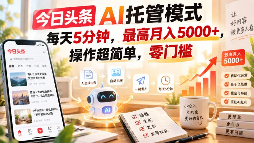 今日头条AI托管模式，每天5分钟，最高月入5000+，操作超简单，零门槛【揭秘】