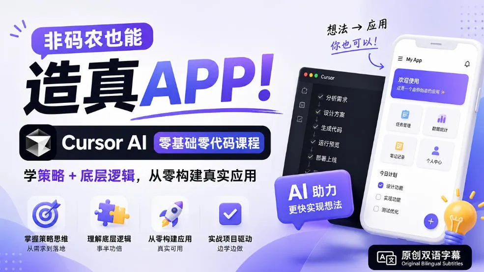 非码农也能造真APP！Cursor AI零基础零代码课程：学策略+底层逻辑，从零构建真实应用【原创双语字幕】