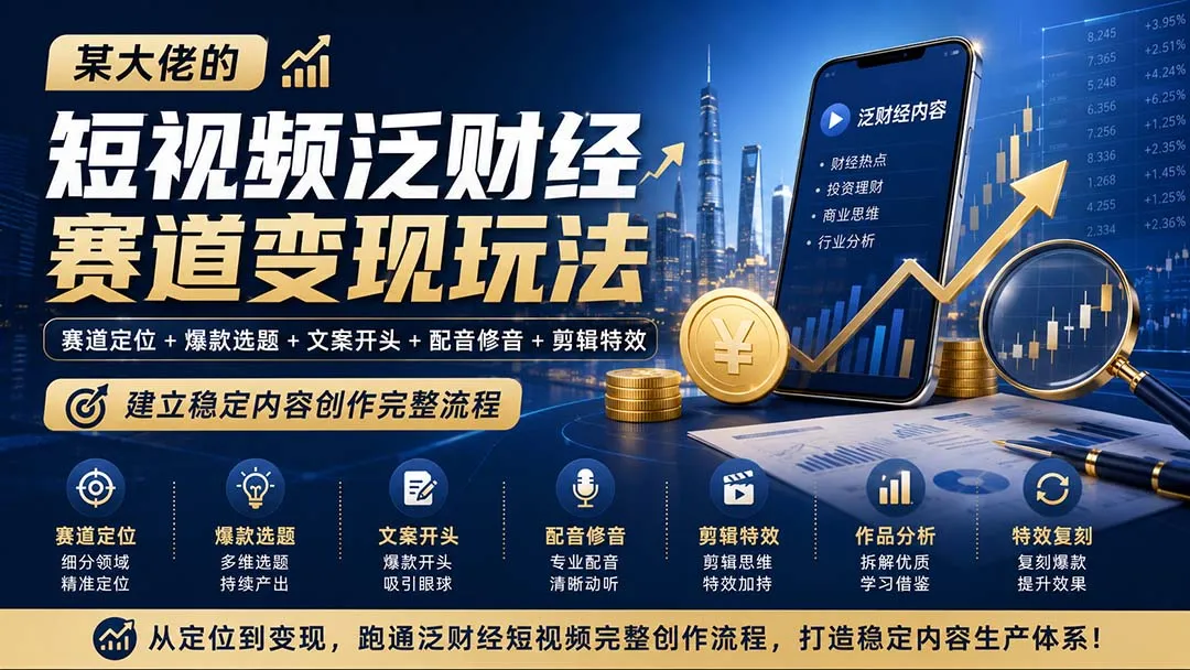 某大佬的短视频泛财经赛道变现玩法:赛道定位+爆款选题+文案开头+配音修音+剪辑特效,建立稳定内容创作完整流程