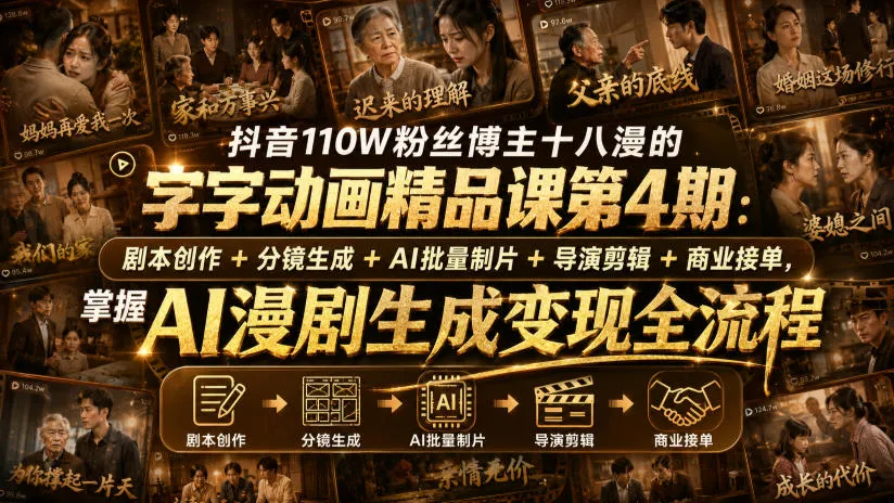 抖音110W粉丝博主十八漫的字字动画精品课第4期：剧本创作+分镜生成+剪辑+商业接单，掌握AI漫剧生成变现全流程(更新0916)
