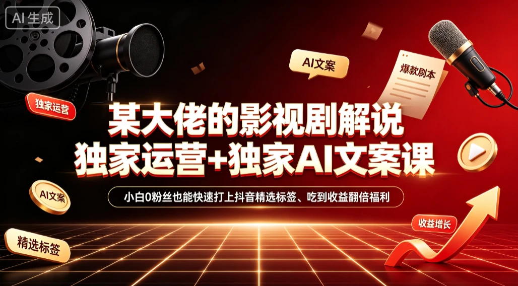 【精】某大佬的影视剧解说独家运营+独家AI文案课,小白0粉丝也能快速打上抖音精选标签、吃到收益翻倍福利